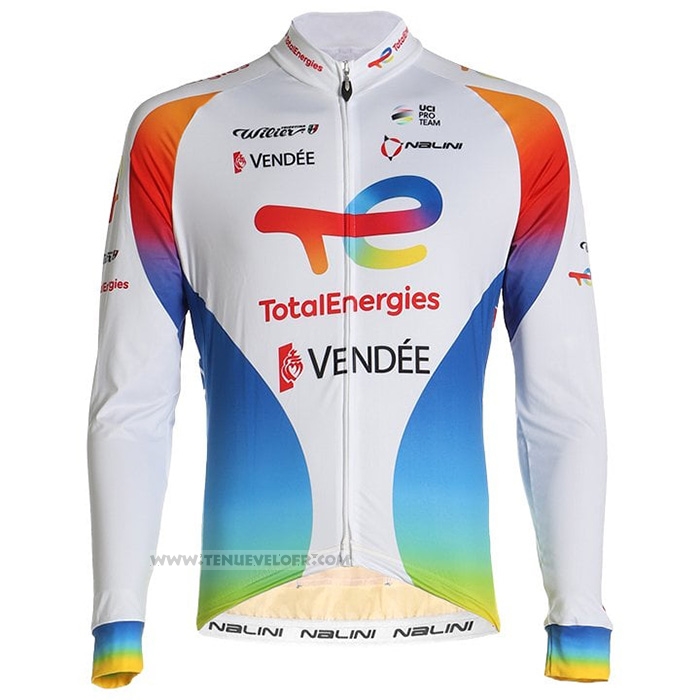 2021 Maillot Cyclisme Direct Energie Blanc Rouge Jaune Bleu Manches Longues et Cuissard